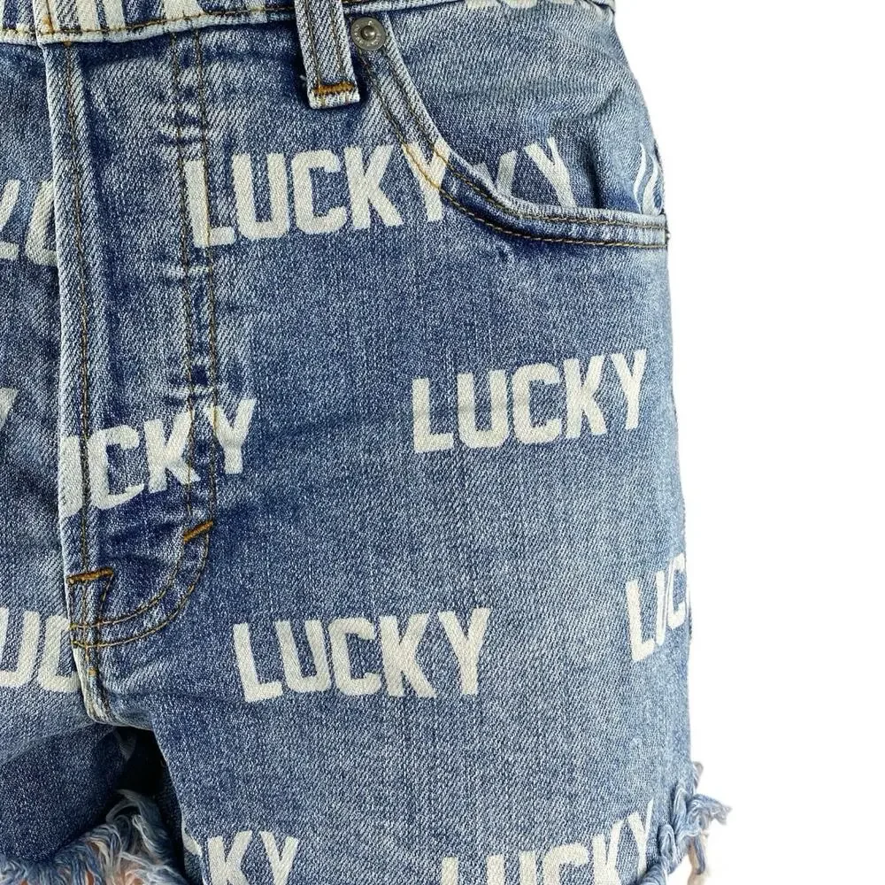 Lucky Brand Women's Blue Logo Print Cut-Off High Rise Denim Jean Shorts Size 26